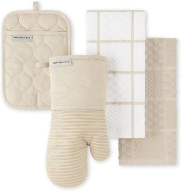 Kitchenaid Quilted Cotton Terry Cloth Oven Mitt, Pot Holder, Kitchen Towel 4-Pack Set, Heat Resistant, Silicone Grip, 16"x26", 7"x13" & 7"x10"
