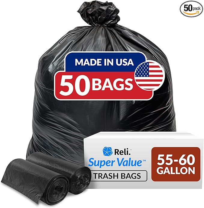 Reli. 55-60 Gallon Trash Bags Heavy Duty | 50 Bags | 50-60 Gallon | Large Black Garbage | Made in USA