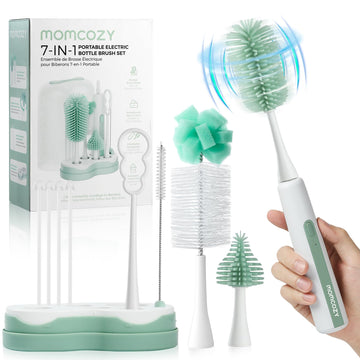 Momcozy Electric Baby Bottle Brush Set with Drying Rack, 7-in-1 Powered Bottle Cleaner & Formula Mixer, Portable Newborn Essentials