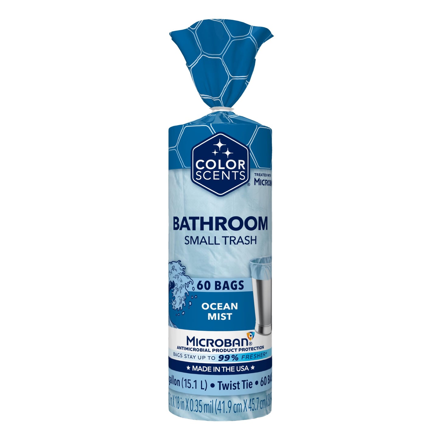 Color Scents Small Trash Bags - 4 Gallon, 60 Bags (1 Pack of 60 Count), Twist Tie - Light Blue in Ocean Mist Scent with Microban