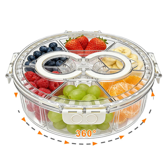 Rotating Divided Serving Tray with Lid & Handle, 6 Compartment Snack Box Container,Portable Snack Organizer for Fruits, Candy, Veggies – Ideal for Kitchen, Party, Travel, Picnic (1 Pack)