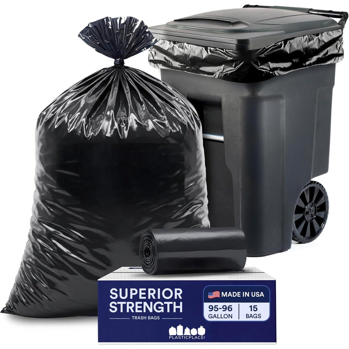 Plasticplace 95-96 Gallon Heavy Duty Black Trash Bags - Contractor Grade, Extra Large Garbage Bags for Construction & Outdoor Trash Cans, 1.2 Mil Thick, 61” x 68” (15 Count Roll)