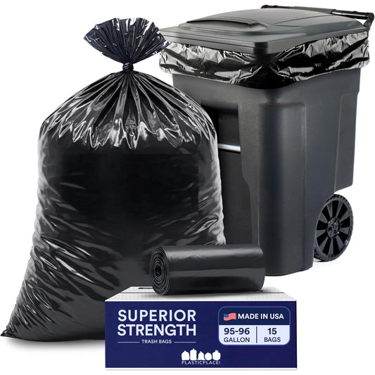 Plasticplace 95-96 Gallon Heavy Duty Black Trash Bags - Contractor Grade, Extra Large Garbage Bags for Construction & Outdoor Trash Cans, 1.2 Mil Thick, 61” x 68” (15 Count Roll)