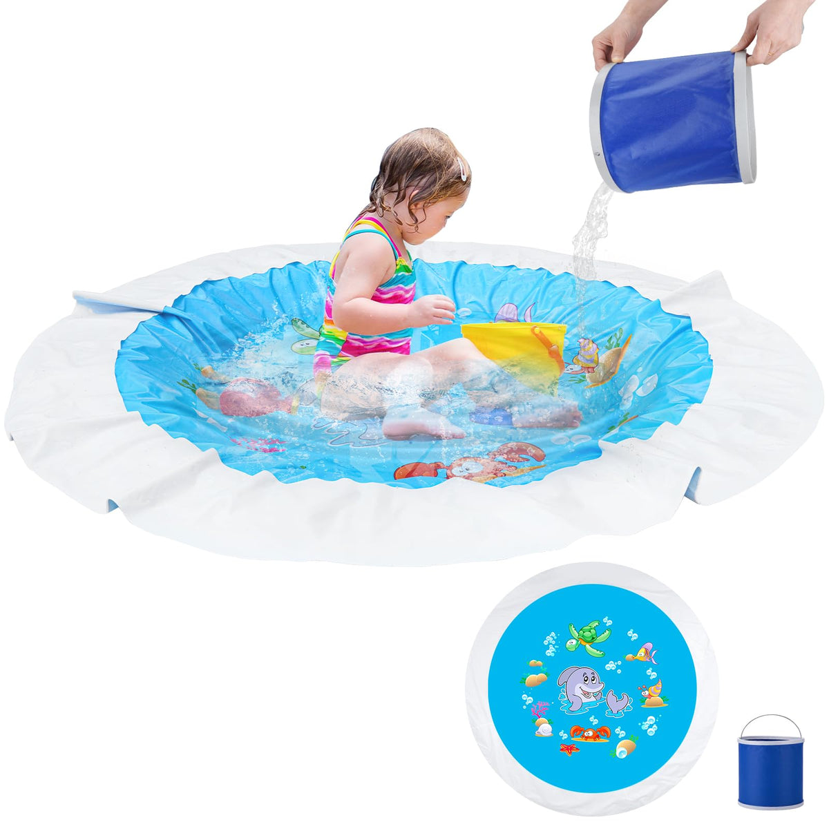 7.2 X 7.2 Feet Baby Beach Pool，Kiddie Pool and Beach Blanket，2 in 1 Toddler Paddling Pool，Beach Toys for Infant Kids Boys and Girls with Portable Water Bag 9L
