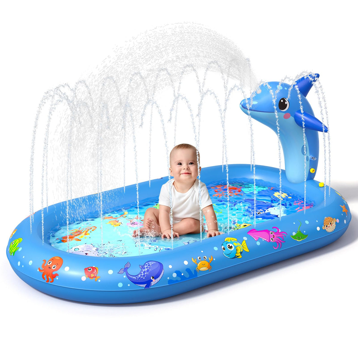 Splash Pad for Toddlers, 3-in-1 Dolphin Inflatable Baby Pool Sprinkler for Kids, Baby Splash Pads Outdoor Play Mat, Backyard Summer Water Toys Birthday Gift for 1+ Year Old Girls Boys