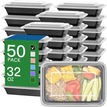 50 Pack (100-Piece) 32 oz Meal Prep Containers Reusable with Easy Open Lids, Sturdy Leakproof Food Safe, Microwave Freezer Dishwasher Safe