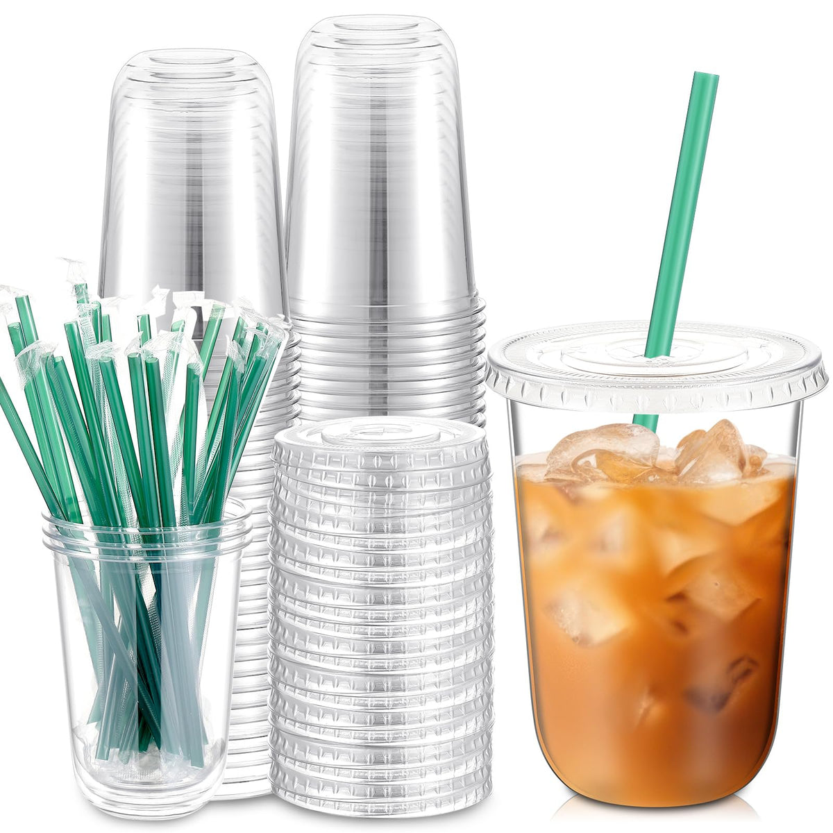 Baderke 25 Set Plastic Cups with Lids and Straws, Disposable Plastic Iced Coffee Cup for Cold Beverage Juice Smoothie Crystal for Coffee Shops Party Catering(Clear,16 oz)