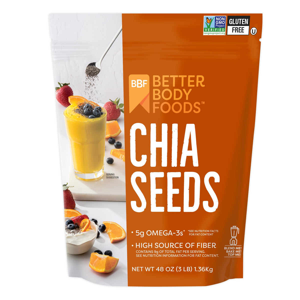 BetterBody Foods Chia Seeds 3 lbs, 48 Oz, with Omega-3, Non-GMO, Gluten Free, Keto Diet Friendly, Vegan, Good Source of Fiber, Add to Smoothies