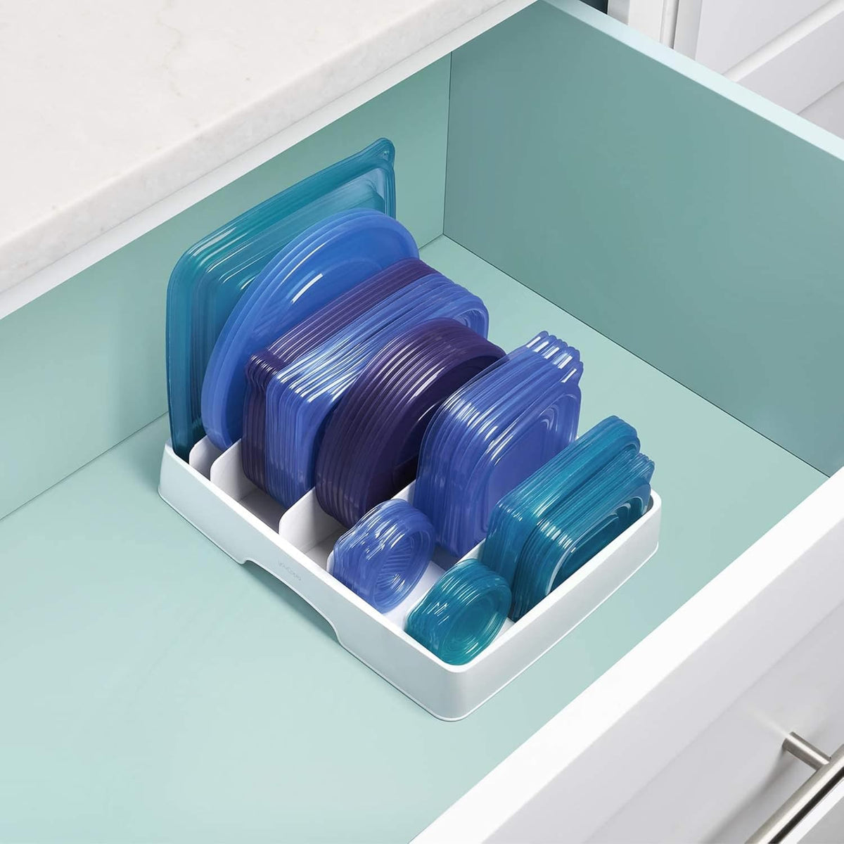 YouCopia StoraLid Food Container Lid Organizer for Kitchen Cabinet Storage with 5 Adjustable Dividers, 10.5''D × 13.4''W × 3.3''H, Large Classic Edition, White