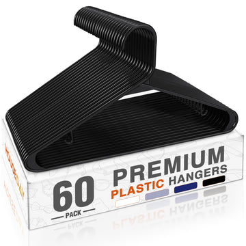 House Day Black Plastic Hangers 60 Pack, Clothes Hangers with Non Slip Hooks, Durable & Space Saving Coat Hanger, Light-Weight Clothing Hanger