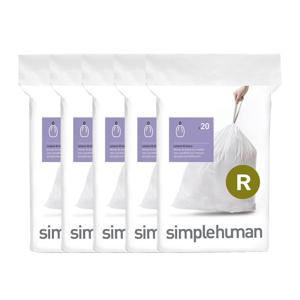 simplehuman Code R 100 Count Custom Fit Liners, Drawstring Kitchen Trash Bags, One-by-One Mess-Free Dispense, Extra Thick & Double Seamed, 50% PCR Plastic, 9-10 Liter / 2.6 Gallon, White