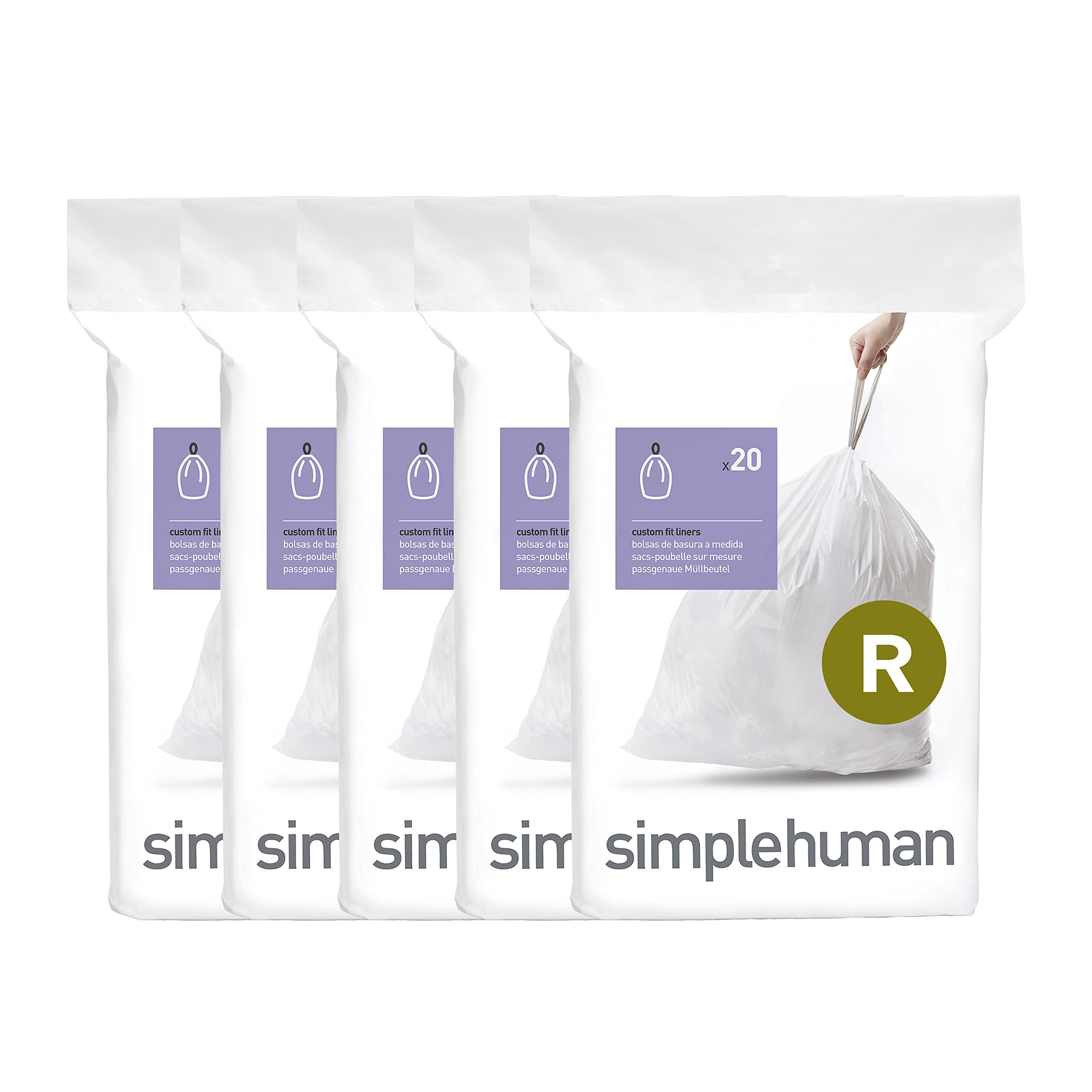 simplehuman Code R 100 Count Custom Fit Liners, Drawstring Kitchen Trash Bags, One-by-One Mess-Free Dispense, Extra Thick & Double Seamed, 50% PCR Plastic, 9-10 Liter / 2.6 Gallon, White