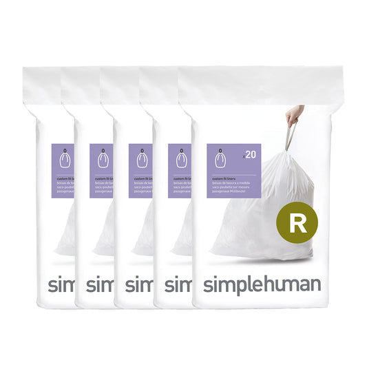 simplehuman Code R 100 Count Custom Fit Liners, Drawstring Kitchen Trash Bags, One-by-One Mess-Free Dispense, Extra Thick & Double Seamed, 50% PCR Plastic, 9-10 Liter / 2.6 Gallon, White