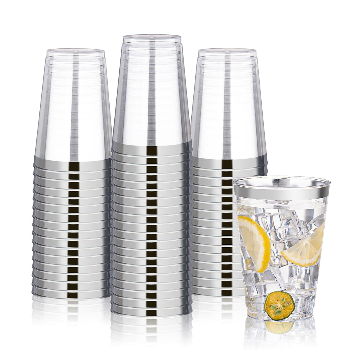 BESTVIP 12oz Silver Plastic Cups, 100 Pack Silver Rimmed Disposable Cups, Heavy-duty Party Cocktail Glasses for Christmas, Plastic Cups for Party, Holiday, Wedding and Birthday