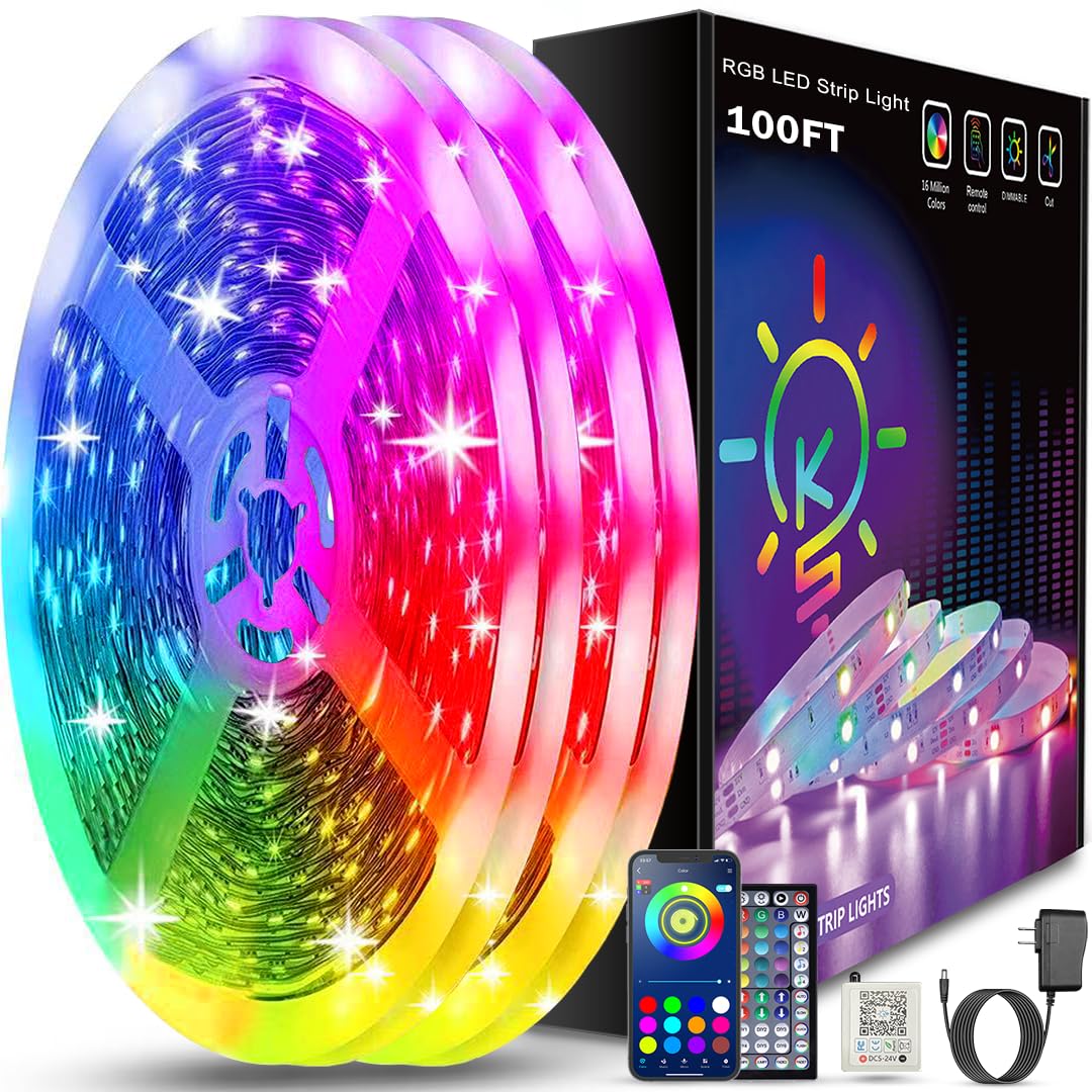 Keepsmile 100ft Led Strip Lights (2 Rolls of 50ft) Bluetooth Smart App Control Music Sync Color Changing RGB Led Light Strip with Remote,Led Lights