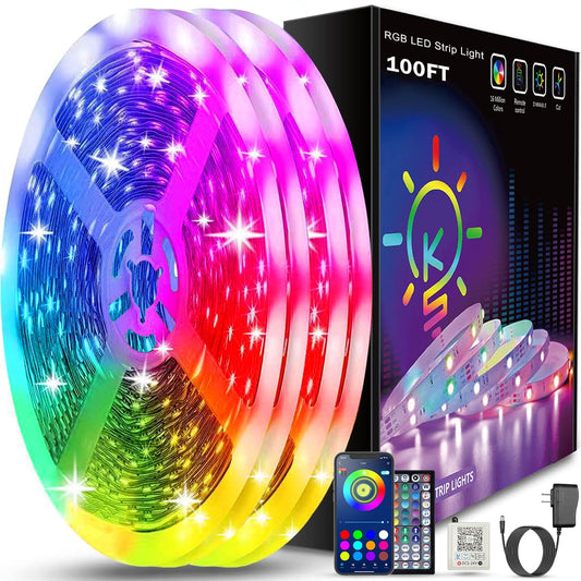 Keepsmile 100ft Led Strip Lights (2 Rolls of 50ft) Bluetooth Smart App Control Music Sync Color Changing RGB Led Light Strip with Remote,Led Lights