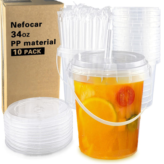 10 Pack 34oz Plastic Cups with Lids and Straws, Disposable Iced Coffee Cups with Lids,Sturdy & Food Safe Drink Buckets for Cold/Hot Drinks,Smoothies, Fruit Drinks Cups Summer Beverages,Bar/Beach Party