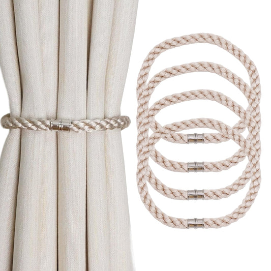 Magnetic Curtain Tiebacks, 4pcs Modern Handmade Rope Curtain Tie Backs Decorative Curtain Holdbacks Holders Cord for Window Sheer Drapes Indoor Outdoor, Beige