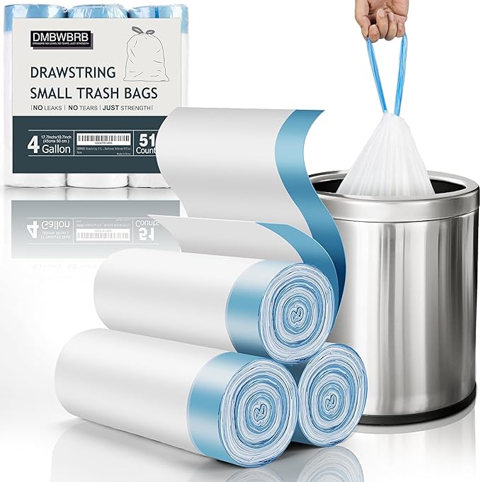 Drawstring 4 Gallon Trash Bag 51 Counts, Tear-Free & Leakproof Small Trash Bags, Unscented Small Garbage Bags, 15 Liter Mini Wastebasket can Liners for Bathroom Bedroom Office