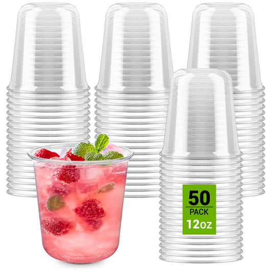 Soelomu 12 oz Disposable Stemless Wine Glasses, 50 Pcs Crystal Plastic Cocktail Cups Clear Classic Cold Drinking Party Glasses for Wedding Gathering Birthday Meeting (Clear)