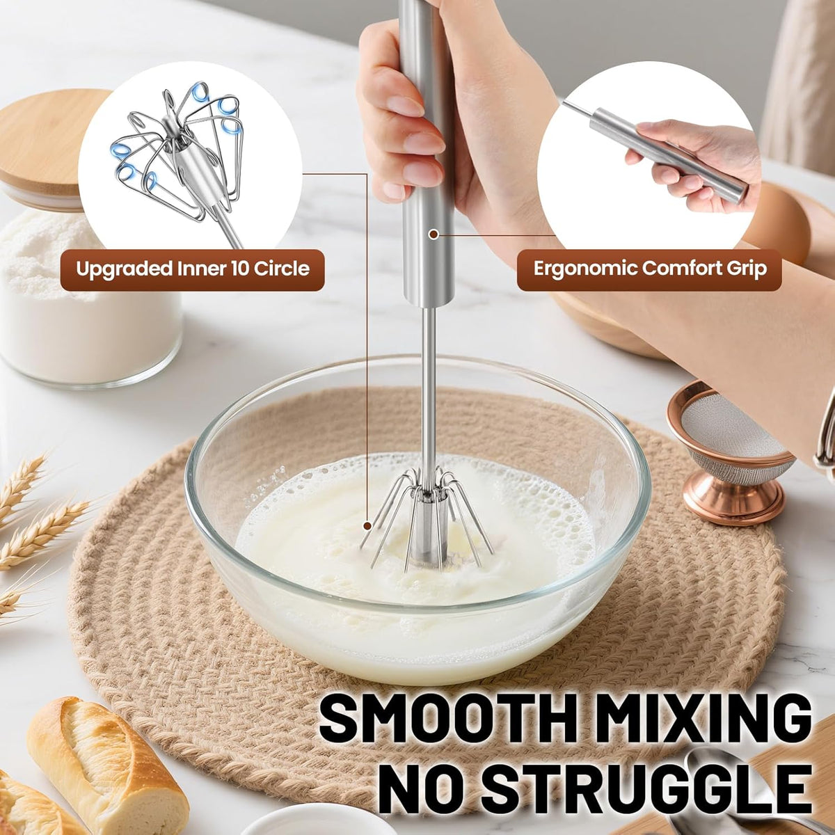 2026 Upgraded Semi-Automatic Stainless Steel Egg Beater – Hand Push Whisk for Baking, Cooking & Stirring – Perfect for Whisking Eggs, Batters & Creams – Effortless Mixing for Quick, Smooth (12in)