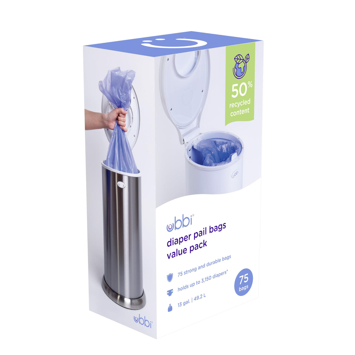 Ubbi Diaper Pail Plastic Bags, Disposable Baby Waste Bags, 3 Pack, 75 Count, 13-Gallon Bags