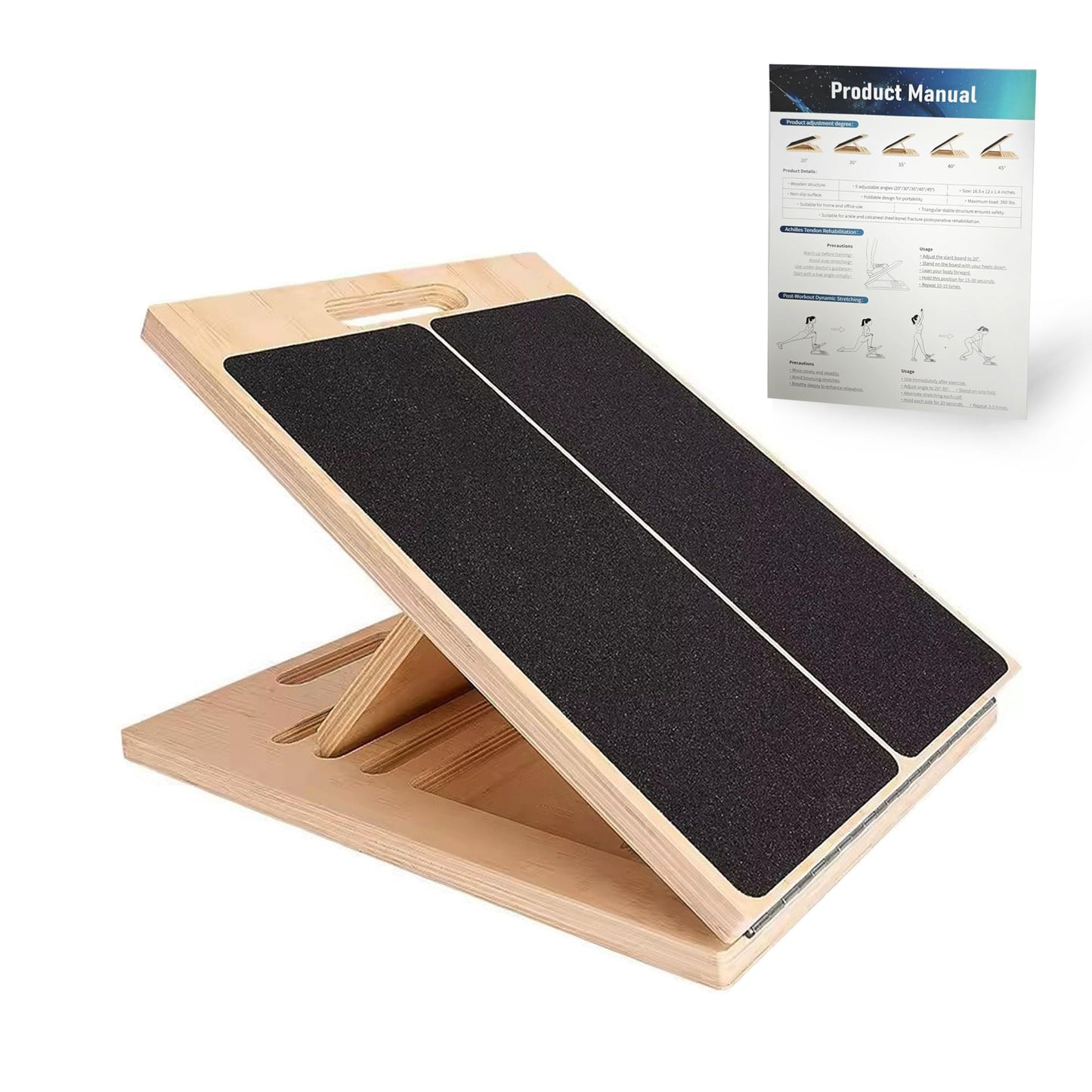 Adjustable 16.5"×12" Wooden Slant Board – 5-Angle Foldable Calf Stretcher & Squat Wedge for Home-Gym, Portable Incline Board, 350 lb Rated