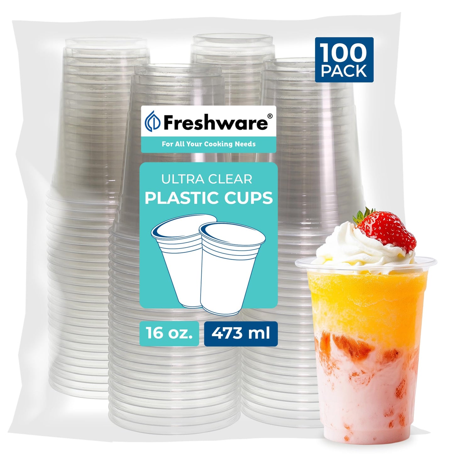 Freshware 16 oz Clear Disposable Plastic Cups, Clear Plastic Cups Tumblers, Heavy-duty Party Glasses, Disposable Cups for Thanksgiving, Halloween, Christmas Party, 16 Oz Cups, 100 Count (Pack of 1)