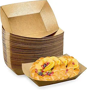 Oomcu 100 Pack 3 lb Heavy Duty Paper Food Trays - Disposable Kraft Brown Paper Boats for Party Snacks, Nachos, Hot Dogs, Tacos & BBQ