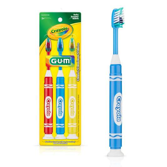 GUM Crayola Marker Kids Toothbrush, Soft-Bristle Toothbrush with Suction Cup Base for Ages 3+, 3 Count