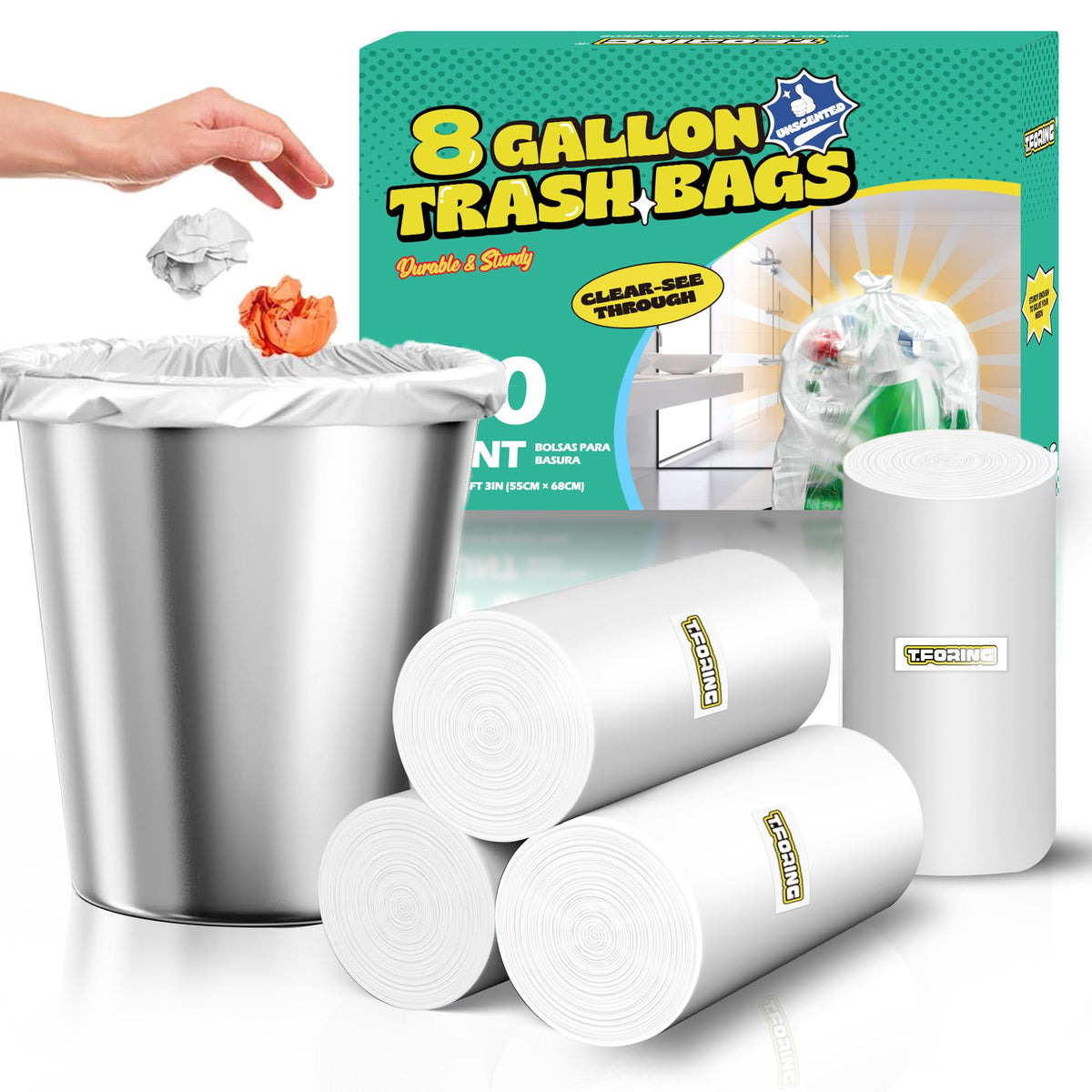 120 Count 8 Gallon Trash Bags Unscented - Thick Clear Medium Garbage bags, 30 Liter Strong Plastic Wastebasket Can Liners for Kitchen Home Bathroom Office