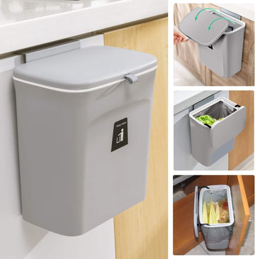 Tiyafuro 2.4 Gallon Kitchen Compost Bin for Counter Top or Under Sink, Hanging Small Trash Can with Lid for Cupboard/Bathroom/Bedroom/Office/Camping