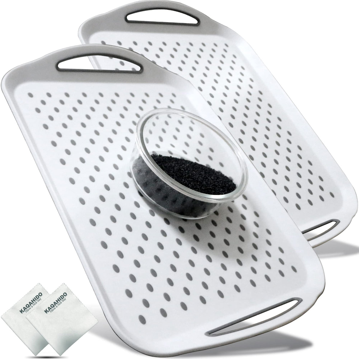 Large Non Slip Serving Tray with Handles, Silicone Gripping Nubs Lap Food Trays for Eating, Dishwasher Safe Serve for Dinner Snack Fruit Dessert Breakfast Beverage, Rectangular, Set of 2, White