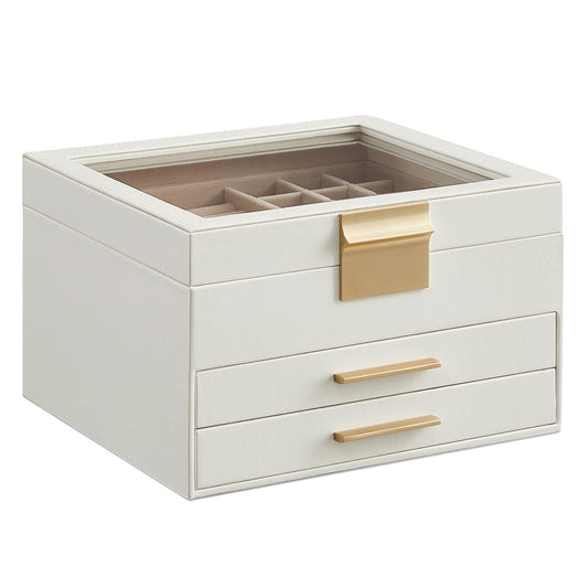 SONGMICS GISELLA Collection - Jewelry Box Organizer, 3-Layer Jewelry Storage with 2 Drawers, Shiny Metal Hardware, Glass Lid, Modern, 8 x 9.1 x 5.3 Inches, Cloud White and Gold Color UJBC239WT