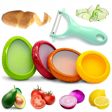5PCS Avocado Saver & Produce Saver Set – 4 Reusable Silicone Fruit Storage Pods + Fruit Peeler, Tomato Holder, Onion Keeper, Lemon Saver for Fridge