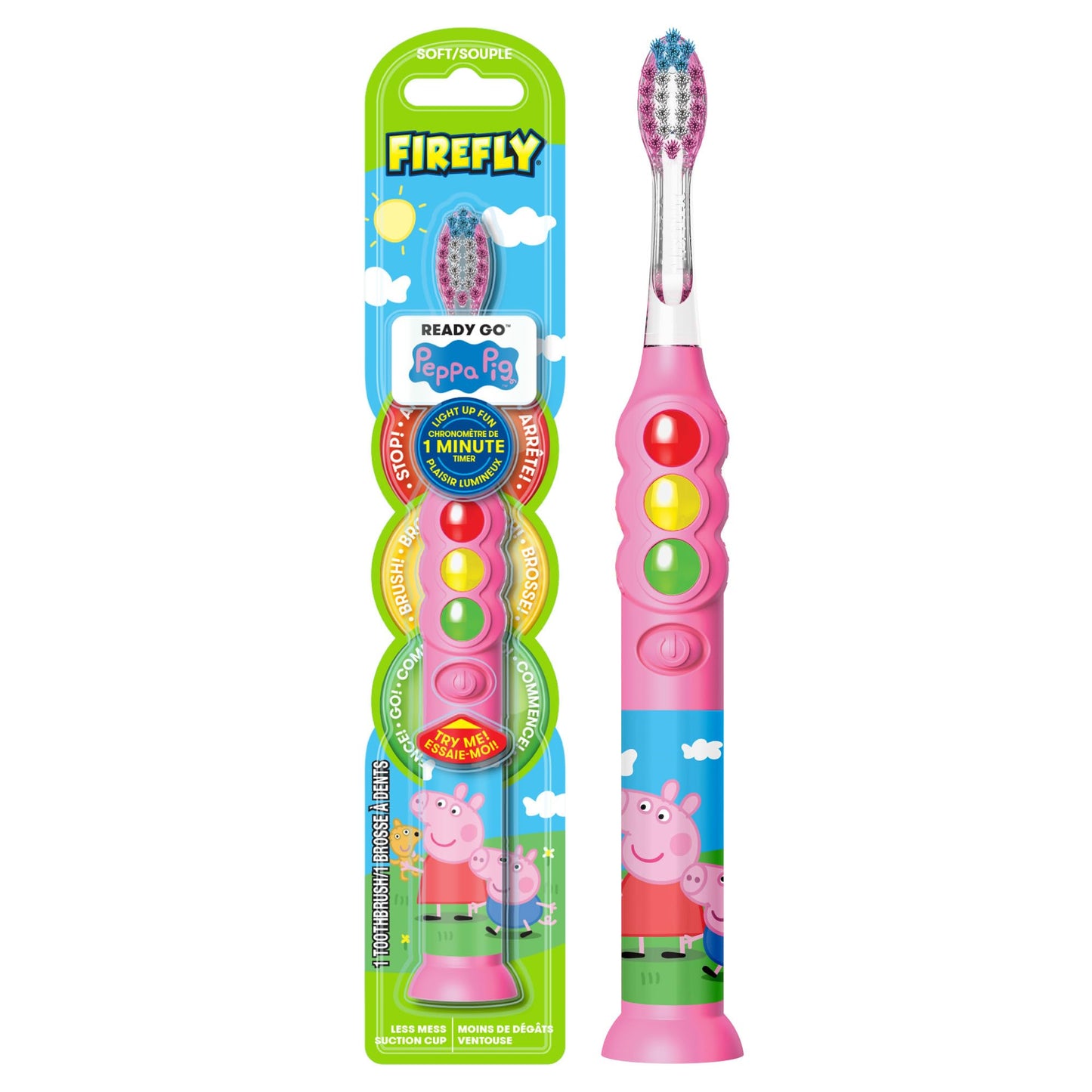 FIREFLY Ready Go Brush, Peppa Pig, Light Up Timer Toothbrush, Premium Soft Bristles, 1 Minute Timer, Less Mess Suction Cup, Battery Included, Easy Storage, for Ages 3+, 1 Count