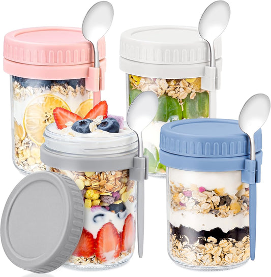 4 Pack Overnight Oats Containers with Lids and Spoons - DRKIO 16 Oz Glass Mason Jars for Overnight Oats Leak Proof Oatmeal Container Great for Cereal Fruit Vegetable Milk Salad Yogurt Meal Prep