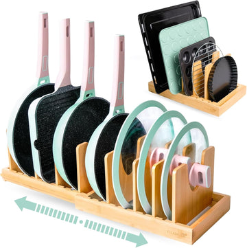 Pots and Pans Organizer under Cabinet, Bamboo Expandable Bakeware and Cutting Board Organizers, Adjustable Pot Lids Holder Rack