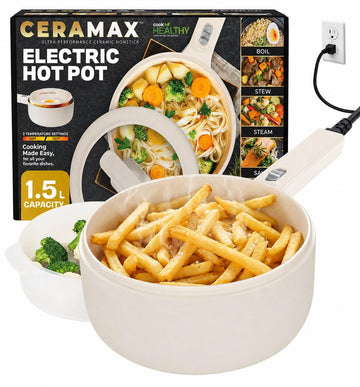 CERAMAX PRO Electric Hot Pot with Lid & Steamer, 1.5L Non Toxic Ceramic Cooker Skillet for Ramen, Eggs, Pasta for Dorms, Camping, RVs, Work