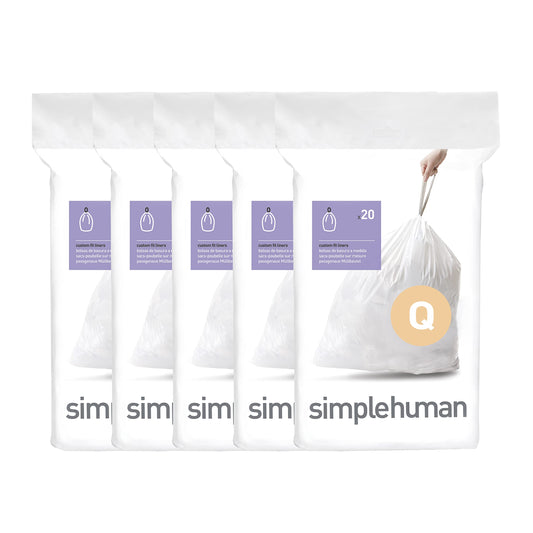 simplehuman Code Q 100 Count Custom Fit Liners, Drawstring Kitchen Trash Bags, One-by-One Mess-Free Dispense, Extra Thick & Double Seamed, 50% PCR Plastic, 50-65 Liter / 13-17 Gallon, White