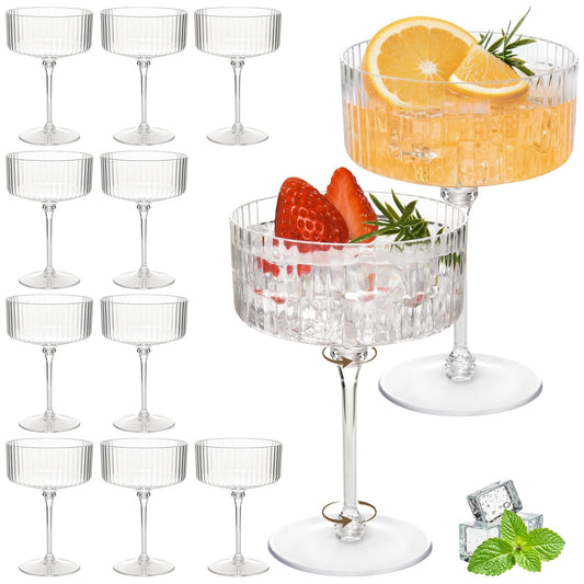 Set of 12 Plastic Martini Glasses, 10 oz Ribbed Coupe Glasses for Cocktails and Martinis, Disposable Espresso Martini Glasses. Ideal for Parties, Weddings, and Home Bars, Crystal Vintage Cups (Clear)