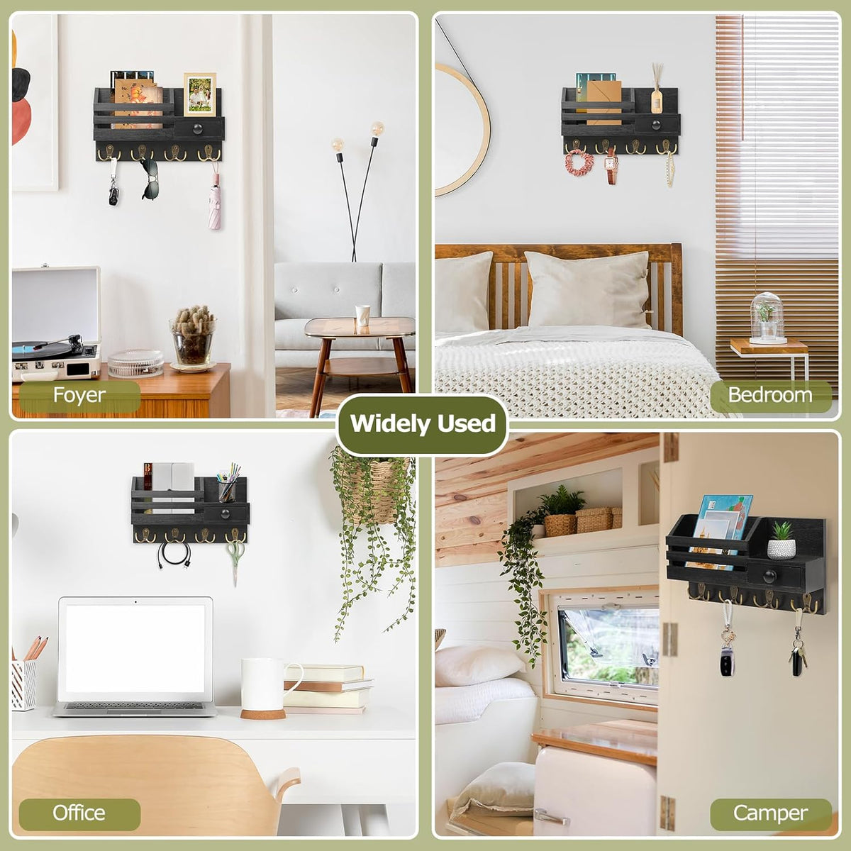 Key Holder Wall Mount, Wooden Adhesive Mail and Key Organizer with Drawer, Small Shelf, 8 Hooks, 2 Installation Methods, Black