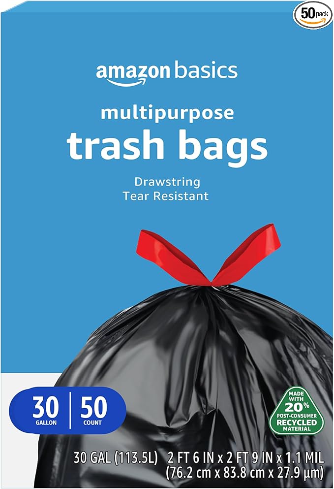 Basics 30 Gallon Multipurpose Drawstring Trash Bags, 20% Post Consumer Recycled, Black with Red Drawstring, 50 Count