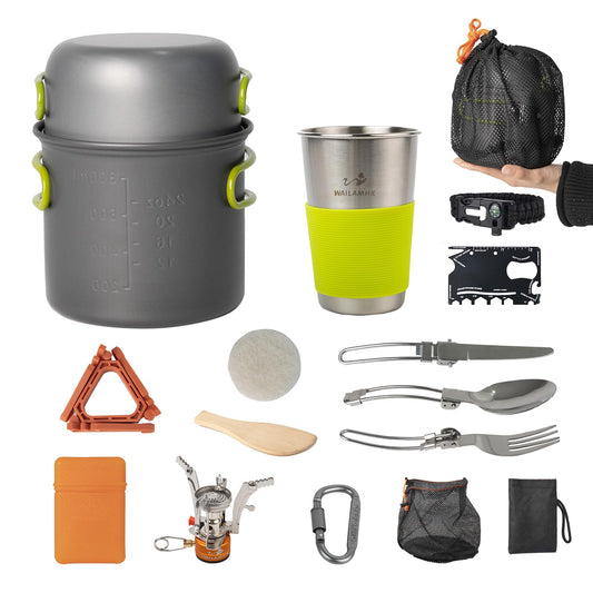 Camping Cookware Mess Kit, 16 pcs Backpacking Cooking Set, Lightweight Camping Pots and Stove Set for 1-2 Person, Outdoor Cooking Gear Ideal for Camping, Hiking, Backpacking and Picnic