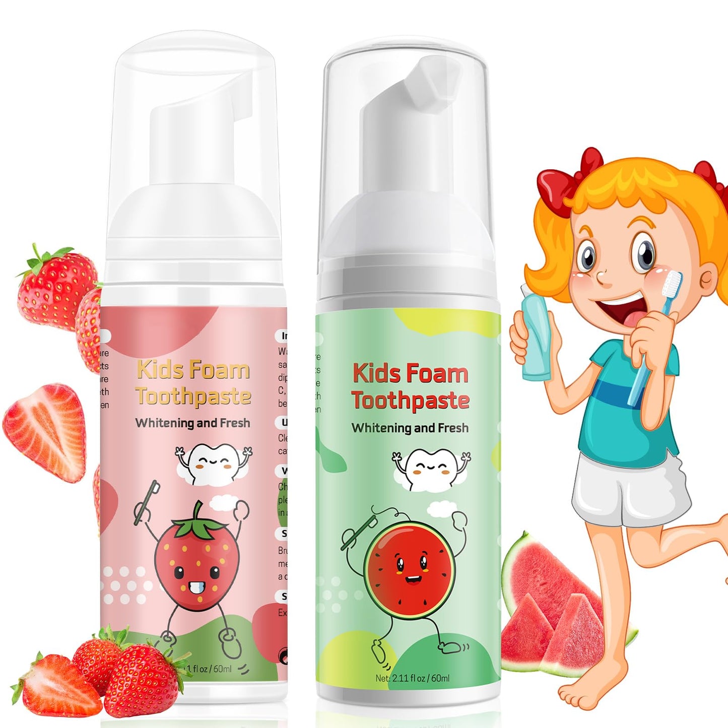 Foam Toothpaste Kids, Toddler Toothpaste with Low Fluoride, Kids Toothpaste, Foam Toothpaste for Children Ages 3 Plus (2PCS, Watermelon+Strawberry)
