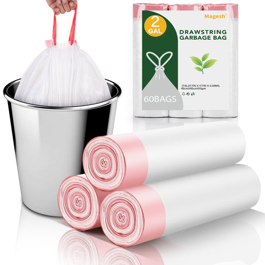 2 Gallon Small Trash-Bags Drawstring Bathroom - White Mini Garbage Bags 60 Count Plastic Unscented 7.5L Tiny Waste Basket Liners Kitchen Office Car Strong Thick Bulk Magesh