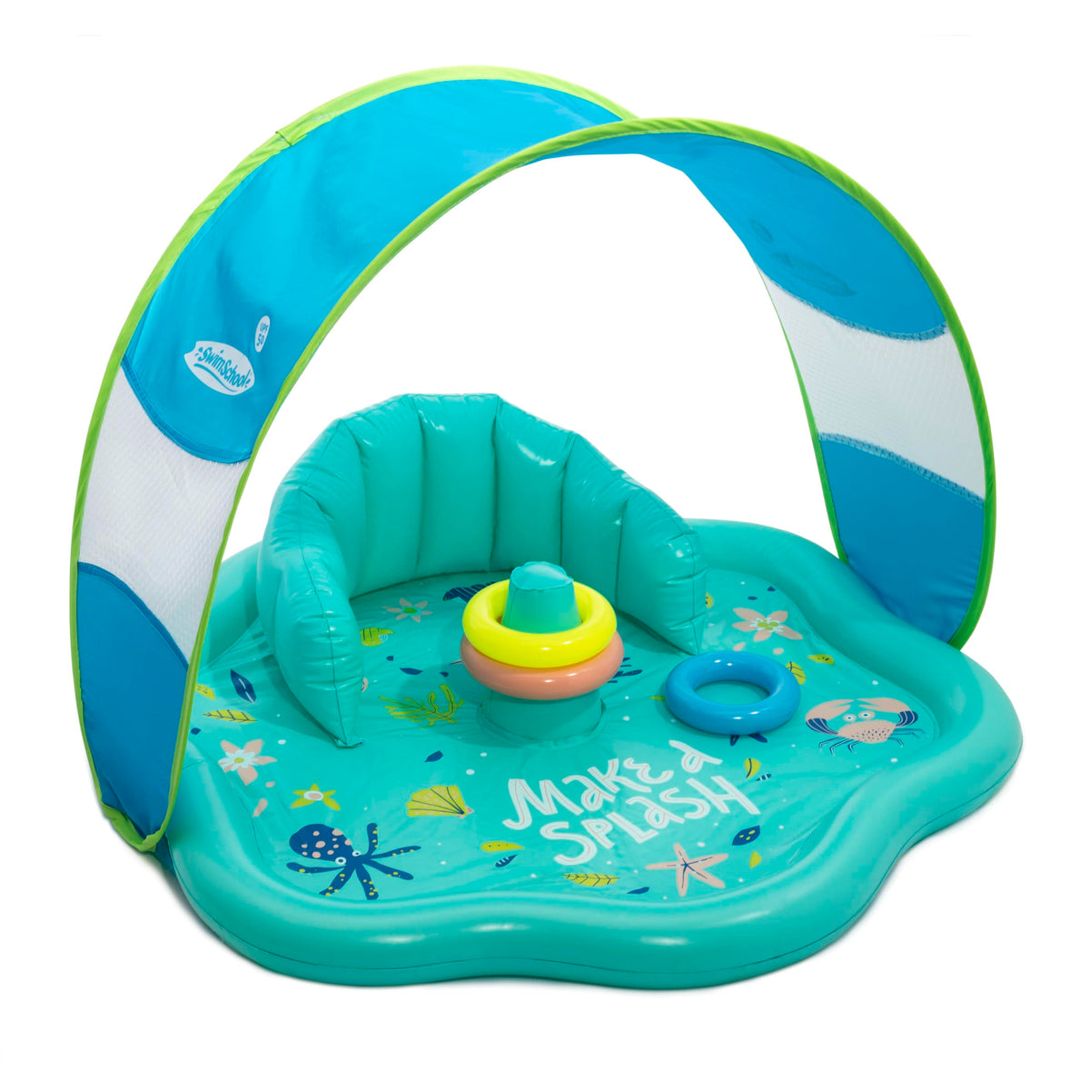 SwimSchool Infant Baby Pool Floats, Free Swimming, Super Buoyant – Ages 6-24 Months – Multiple Colors/Styles – Adjustable Canopies and Seats, Splash & Play Baby Floaties
