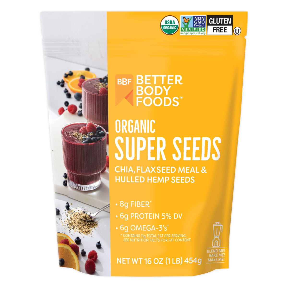 BetterBody Foods Superfood Organic Super Seeds - Blend of Organic Chia Seeds, Milled Flax Seed, Hemp Hearts, Add to Smoothies Shakes & More, 1lb, 16 oz