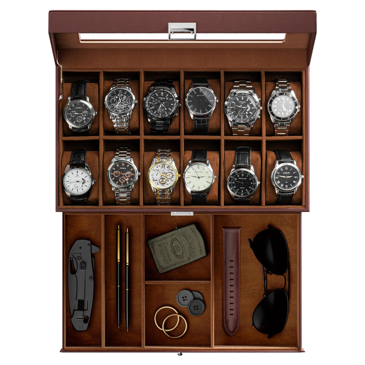 ProCase Watch Box, Fathers Day Gift for Dad, 12 Slot Mens Watch Case With Drawer, 2-Layer Watch Display Case With Glass Lid, Mens Jewelry Box Storage Holder Organizer -12Slot, Espresso