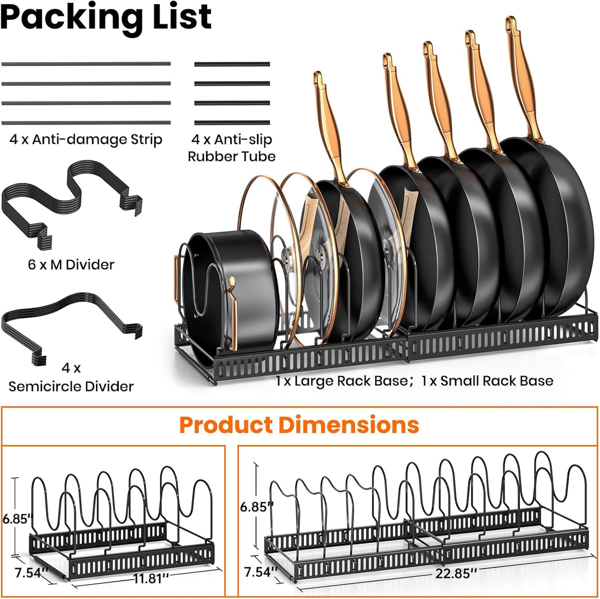 MUDEELA Pots and Pans Organizer Rack for under Cabinet, Expandable 11.81''-22.85'' Pot Lid Kitchen Cabinet Organizer Holder with 10 Adjustable Compartment Cutting Board Organizer for Pan Lid, Bakeware